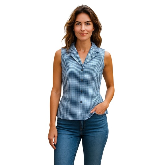 Vintage Connie Roberson Gingham Silk Sleeveless Blouse Blue White L Made in USA - Picture 1 of 7